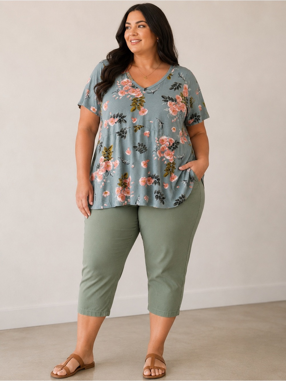 NWT LuLaRoe 3X Floral Tunic Top Sage Green Pink Relaxed Fit Tee